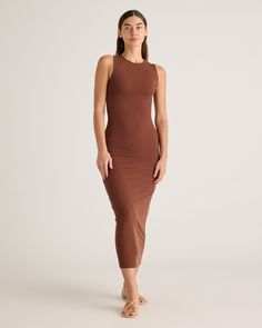 Your invite to be comfy and look cool has arrived. Our Tencel Rib Knit Tank Midi Dress is made from Tencel™ fabric, so it's soft, has plenty of stretch, and is more sustainable, too. With its sleeveless design and midi length, we predict tons of outfit possibilities.  | Quince | Women's Tencel Rib Knit Tank Top Midi Dress in Brown, Size XS Casual Dinner Party Outfit, Casual Dinner Party, Tank Top Midi Dress, 10 Weeks Pregnant, Tank Midi Dress, Cotton Bras, Long Tank, Flattering Dresses, Knit Tank