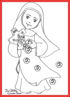 a drawing of a nun holding a bouquet of flowers in front of a red frame