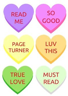 heart shaped conversation bubbles with words reading read me, so good, page turner, luv this, true love, must read