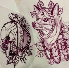 two drawings of animals with leaves on them