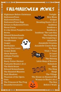 the halloween movies list for kids with pumpkins, ghost and other decorations on it