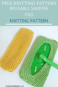 a green and yellow mop sitting on top of a white table next to a knitted sponge