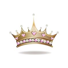 a golden crown with pink stones and pearls