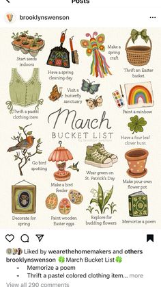 a postcard with an image of many different things on it and the words march bucket list