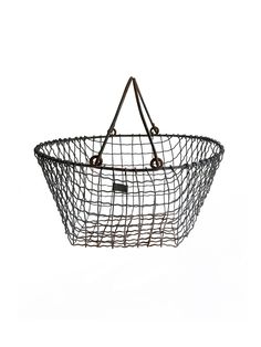 a wire basket hanging from the ceiling with two handles and one handle on each side