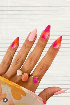 Ombre pink and orange summer almond shape gel nails Sunset Nails, August Nails, Her Nails, Almond Nails Designs, Funky Nails, Fire Nails, Chic Nails