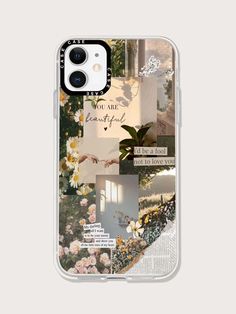 an iphone case with flowers and pictures on it, including the words you are beautiful