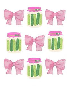 six mason jars with pink bows and green pickles on them, each containing different types of pickles