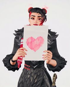 a drawing of a woman holding a piece of paper with a heart drawn on it