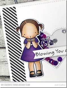 a close up of a greeting card with a girl holding a heart shaped object and the words blowing you on it