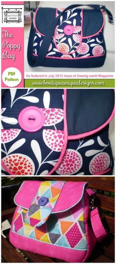 an image of a bag made out of fabric with buttons and appliques on it