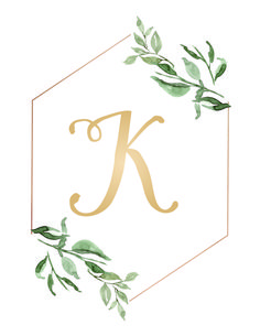 the letter k is surrounded by greenery and leaves in gold on a white background