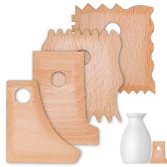 wooden cutting boards and vases on a white background