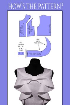 How to draft a pattern for a bow top. More detailed instructions and other bow-themed designs at the link. Molde, Bow Dress Pattern, Clothing Pattern Design, Teaching Sewing, Pattern Draping, Fashion Design Books, Free Pdf Sewing Patterns