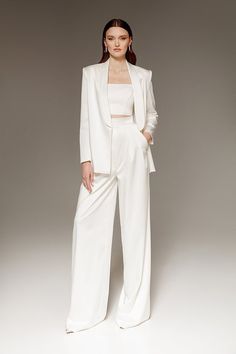 Bridal Suit ANDREA City Hall Wedding Alternative Wedding - Etsy Mexico Wedding Dresses Trousers, Trouser Wedding Dress, Wedding Suit White Woman, Wedding Palazzo Pants Outfit, Bridal Palazzo Suits, Trousers Wedding Outfit Women, Wedding Dress Alternative Pants, White Woman Suit Wedding, White Wedding Top