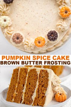 pumpkin spice cake with brown butter frosting on a white plate next to a piece of cake