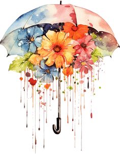 an umbrella with flowers painted on it and dripping watercolors all over the top