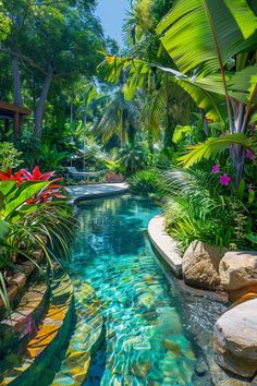 A serene tropical pool surrounded by vibrant green plants and colorful flowers, with sunlight filtering through the trees above. Tropical Oasis Backyard, Tropical Backyard Ideas, Activities For Older Kids, Oasis Backyard, Tropical Retreat, Tropical Backyard, Outdoor Bath, Tropical Oasis, Beautiful Lighthouse