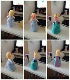 several pictures of a doll with blonde hair and blue dress sitting in front of a computer