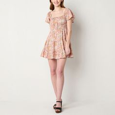 This Arrizona women's and junior's babydoll dress is a flirty feminine style must-have for warmer temps. Made from a floral-print woven cotton blend, this short dress has short ruffled split sleeves, a square neckline with a tie closure, and smocked detail to create a flattering gathered effect for your figure. Features: SmockedClosure Type: Pullover HeadNeckline: Square NeckSleeve Length: Short SleeveSleeve Style: Split SleeveApparel Length: 33 InchesDress Length: Short LengthFiber Content: 62% Flirty Feminine Style, Babydoll Dresses, Large Dresses, Medium Dresses, Rainbow Dress, Large Dress, Medium Dress, Small Dress, Junior Dresses