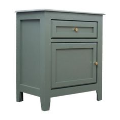 a gray cabinet with two drawers on one side and gold knobs on the other