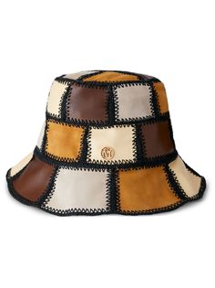 multicolour calf suede calf leather curved narrow brim logo plaque patchwork design Patchwork, Leather Bucket Hats, Bucket Hat Leather, Diy Leather Hat, Sustainable Fashion Upcycling, Hawaiian Hats, Cool Bucket Hats, Patchwork Hat, Patchwork Bucket Hat