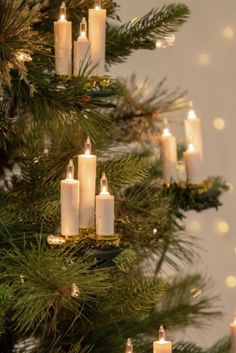 a christmas tree with lit candles hanging from it