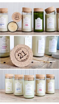 several different types of candles are shown on the table and in jars with labels that say,