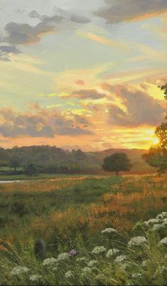 a painting of the sun setting over a lake with wildflowers in the foreground