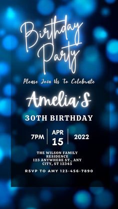 birthday party flyer with blue boket background and white text on it's side