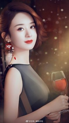 a woman holding a glass of wine in her hand and wearing red earrings with chinese writing on it