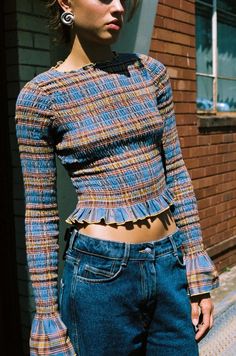 Blue Valentine Plaid Ruched Longsleeve – Après Studio Fitted Long Sleeve Top, Mode Pop, Blue Valentine, Fitted Long Sleeve, Yellow Baby, Elastic Thread, Stil Inspiration, Looks Vintage, Cotton Flannel