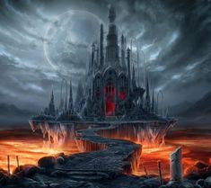 a fantasy castle in the middle of a dark sky with red light coming from it