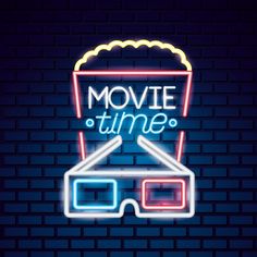 a neon sign with the words movie time on it and 3d glasses glowing against a brick wall