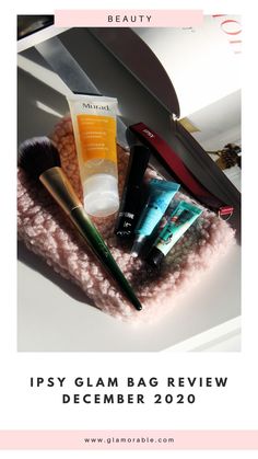 an image of cosmetics and makeup products with the text tips glam bag review december 2020