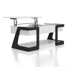 a white and black coffee table with two tables on each side, in front of a white background