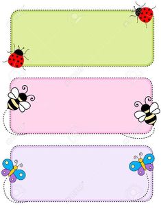 four colorful labels with ladybugs and butterflies on them stock photo - 547982