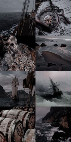 there are four different pictures with ships in the water and one has a skull on it