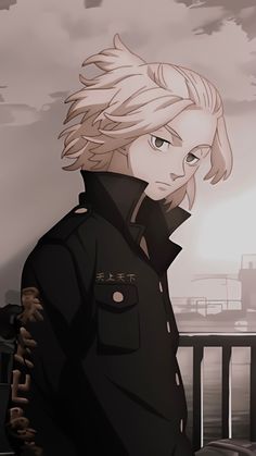 an anime character with blonde hair wearing a black coat and gold chain around his neck