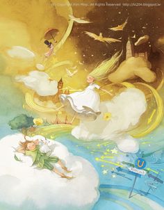 an illustration of two women flying in the sky above clouds with birds and stars on them