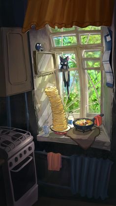 a cat is sitting on the window sill next to a bowl of food and a cup