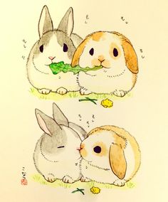 three rabbits are sitting in the grass and one bunny is eating broccoli from its mouth