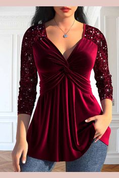 ROTITA Sequin Wine Red V Neck Long Sleeve T Shirt Wine Purple, Velvet Blouses, Long Sleeve Sequin, Red Sequin, Purple Lace, Vestido Casual, Women Shirts Blouse, Velvet Tops, Types Of Dresses