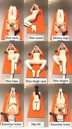 a woman laying on top of an orange mat with her legs crossed in different positions