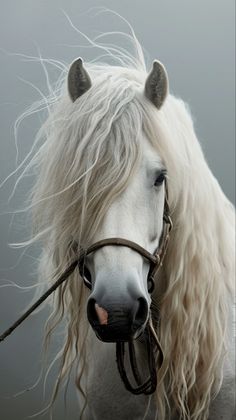 a white horse with long blonde hair standing next to a body of water on a foggy day