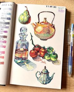 an open book with drawings of teapots, tomatoes and other items on it