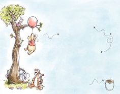 winnie the pooh is hanging from a tree with balloons and other animals around it