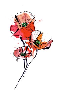 three red flowers with watercolor splashs on them