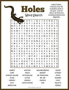 an animal word search page with the words holes and lizards in brown on white background