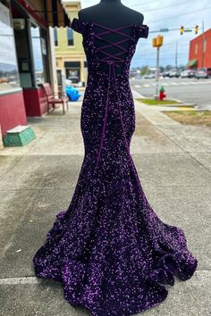 The sparkle purple sequin mermaid long formal dress features an off-the-shoulder and lace-up back. SKU: 3056 Material: Sequin Lace-up back Ship in 7-10 business days Fully lined Built-in bra Size: US 2-16. We offer free returns in 7 days. Please refer to our return policy page for more details. If you have any questions, please get in touch with us at service@dressesforparty.com. Glitter Purple Prom Dress, Midnight Purple Prom Dresses, Midnight Purple Prom Dress, Dark Purple Prom Dress, Farewell Dress, Long Dress Outfits, Purple Prom, Prom 2024, Long Formal Gowns